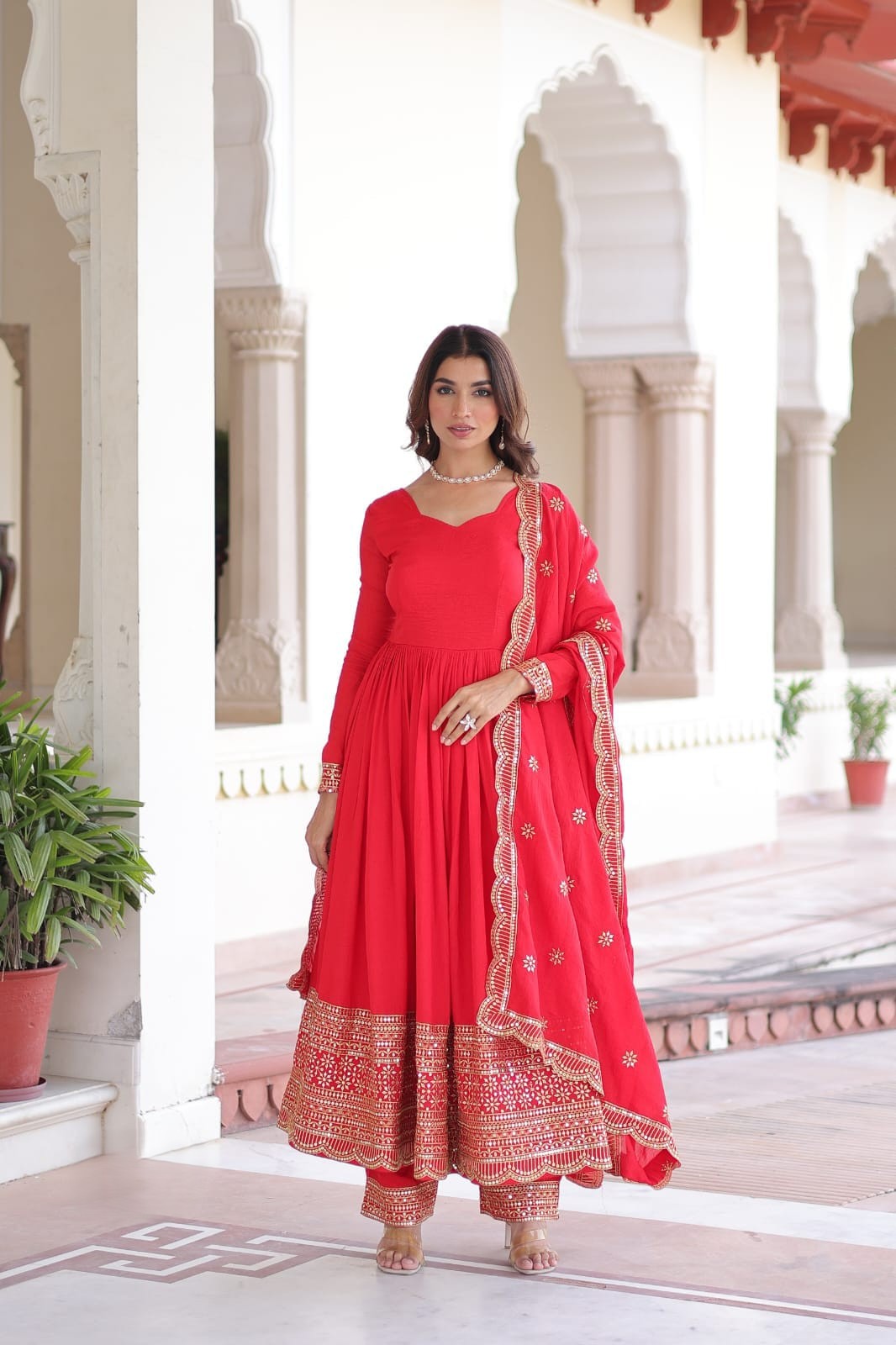 Coral Red Vichitra Silk Embroidered Gown With Pant & Dupatta Set